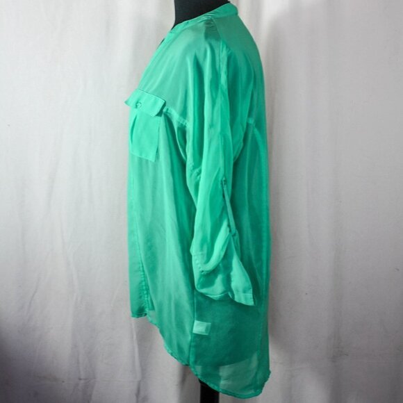 Candie's Sheer Green Button Down Blouse Hi Low Button Tab Sleeves Size M - Picture 2 of 5